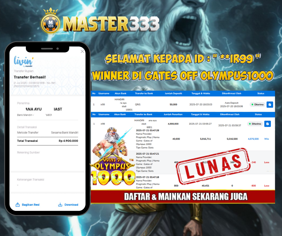 MASTER333 JACKPOT SLOT Gates Of Olympus 1000  Rp.4,900,000.,- LUNAS